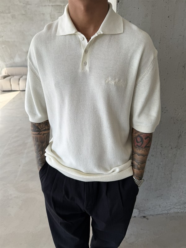 Nakışlı Dokulu Örme Polo T-Shirt - Beyaz