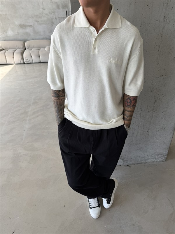 Nakışlı Dokulu Örme Polo T-Shirt - Beyaz