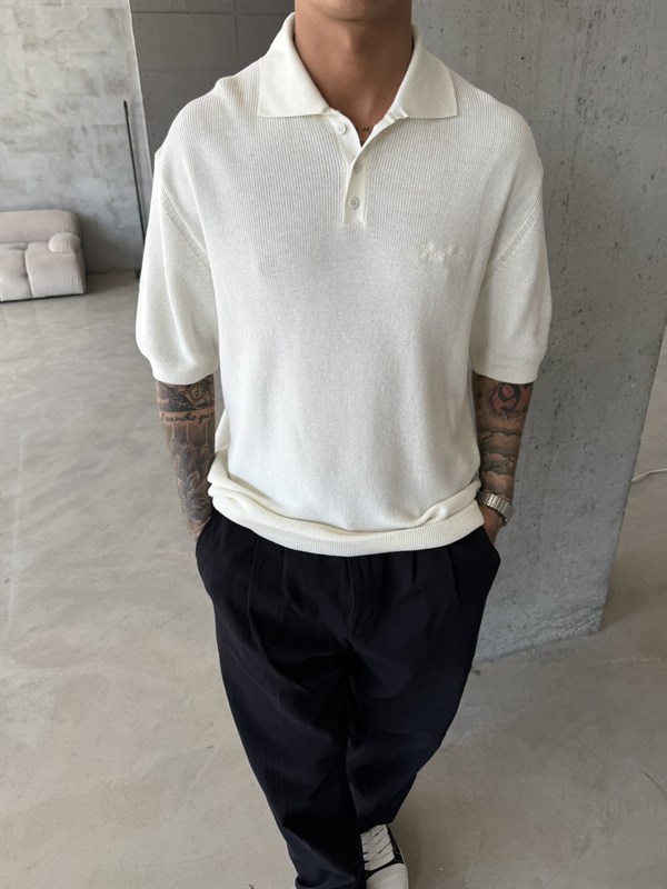 Nakışlı Dokulu Örme Polo T-Shirt - Beyaz