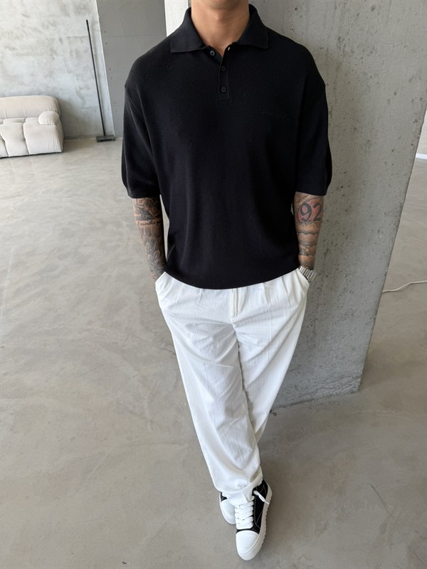 Nakışlı Dokulu Örme Polo T-Shirt - Siyah