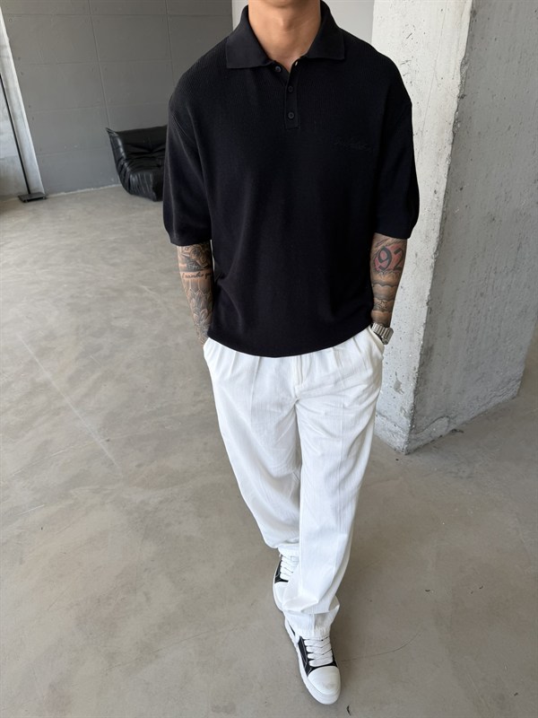 Nakışlı Dokulu Örme Polo T-Shirt - Siyah