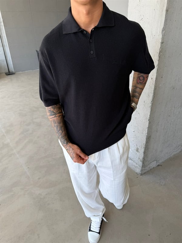 Nakışlı Dokulu Örme Polo T-Shirt - Siyah