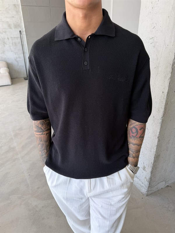 Nakışlı Dokulu Örme Polo T-Shirt - Siyah