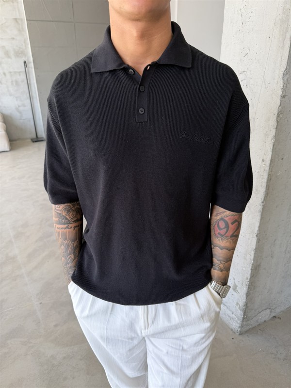 Nakışlı Dokulu Örme Polo T-Shirt - Siyah