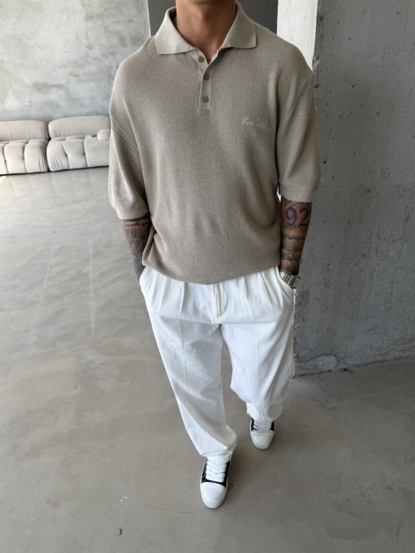 Nakışlı Dokulu Örme Polo T-Shirt - Taş