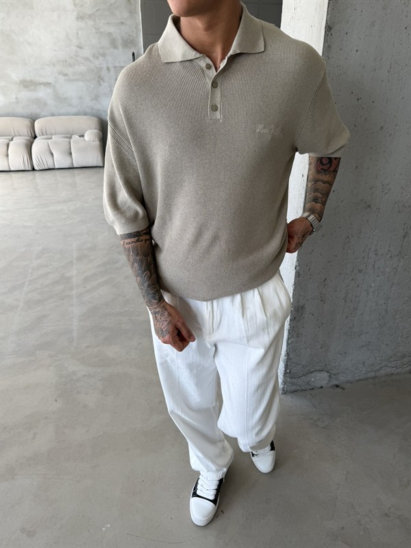 Nakışlı Dokulu Örme Polo T-Shirt - Taş