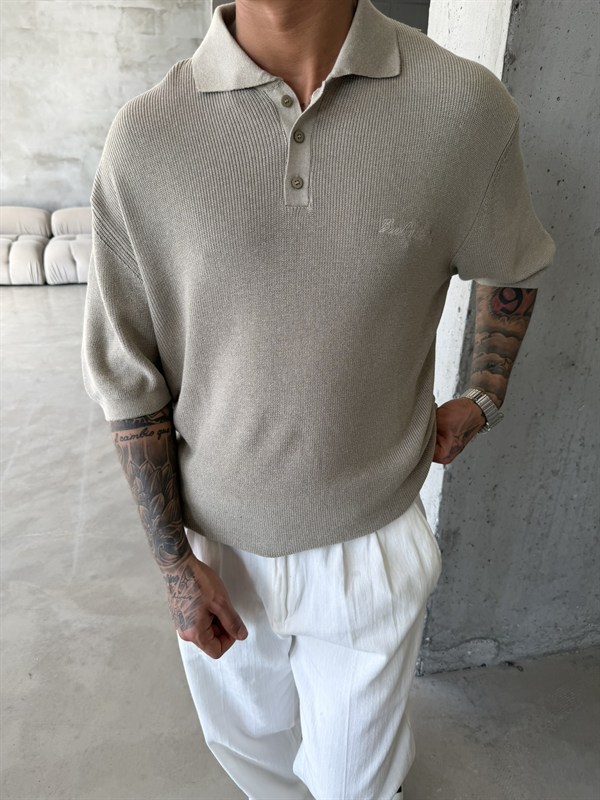 Nakışlı Dokulu Örme Polo T-Shirt - Taş