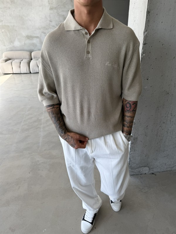 Nakışlı Dokulu Örme Polo T-Shirt - Taş