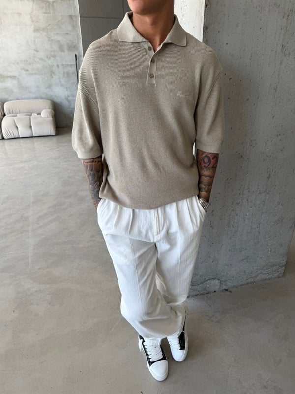 Nakışlı Dokulu Örme Polo T-Shirt - Taş