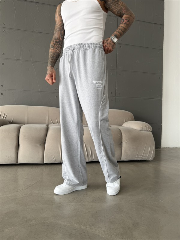 New York Nakışlı Stoper Paça Eşofman - Gri