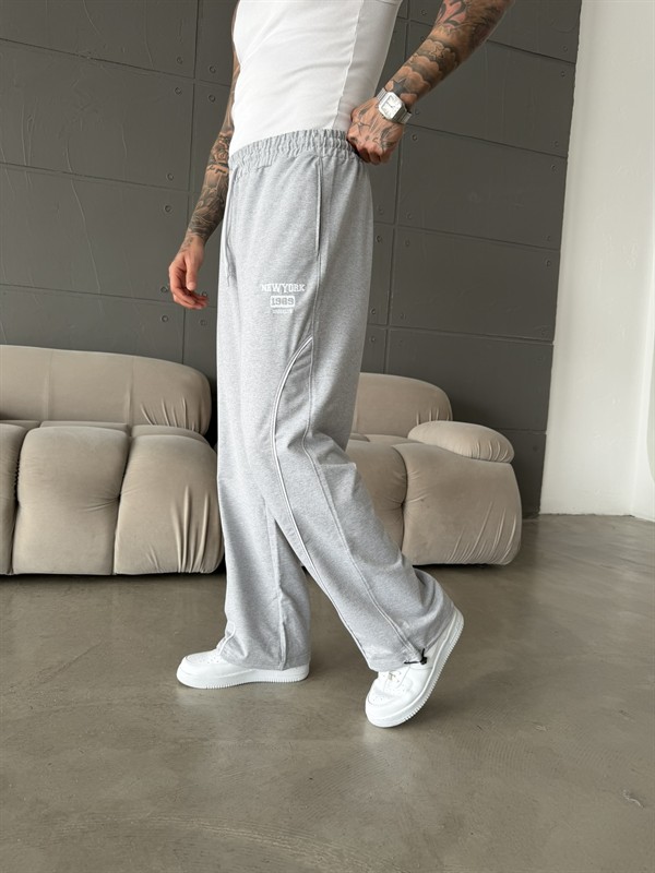 New York Nakışlı Stoper Paça Eşofman - Gri