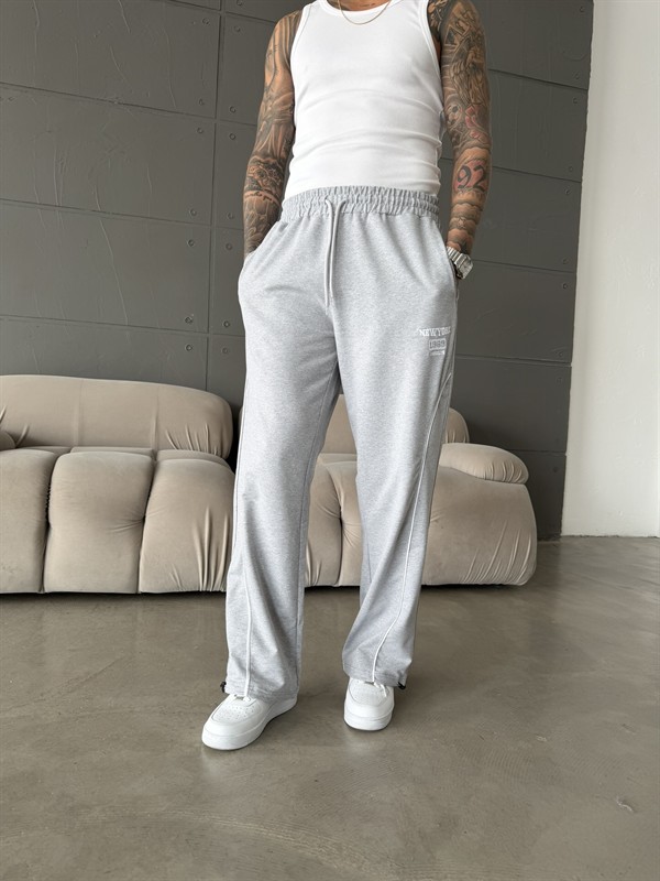 New York Nakışlı Stoper Paça Eşofman - Gri