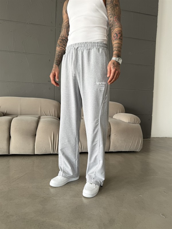 New York Nakışlı Stoper Paça Eşofman - Gri