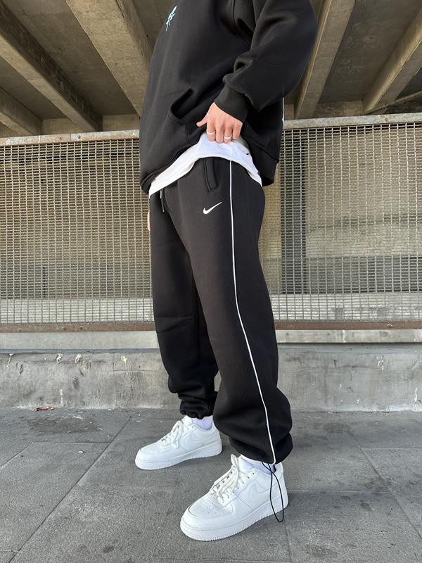 NK Nakışlı Çizgili Lastikli Stoper Paça Baggy Eşofman Siyah