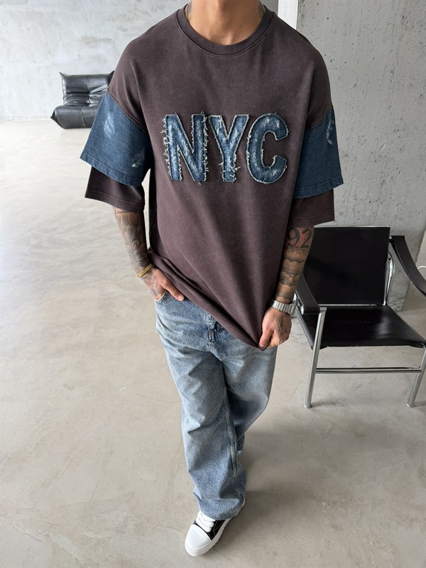 NYC Premium Acid Yıkama T-Shirt - Kahve