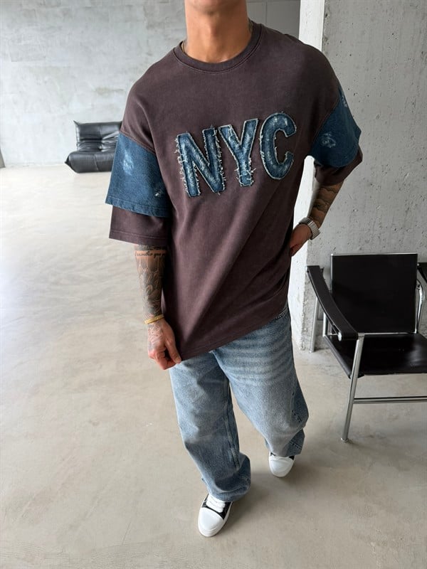 NYC Premium Acid Yıkama T-Shirt - Kahve