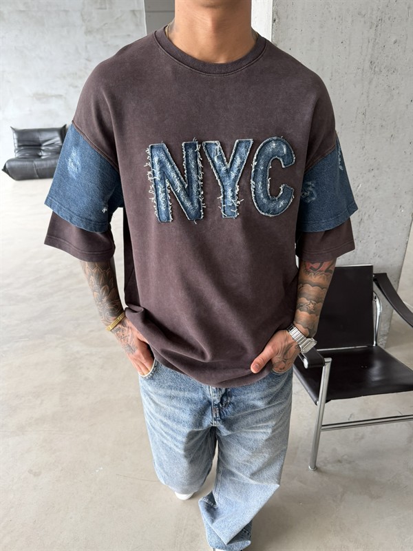 NYC Premium Acid Yıkama T-Shirt - Kahve