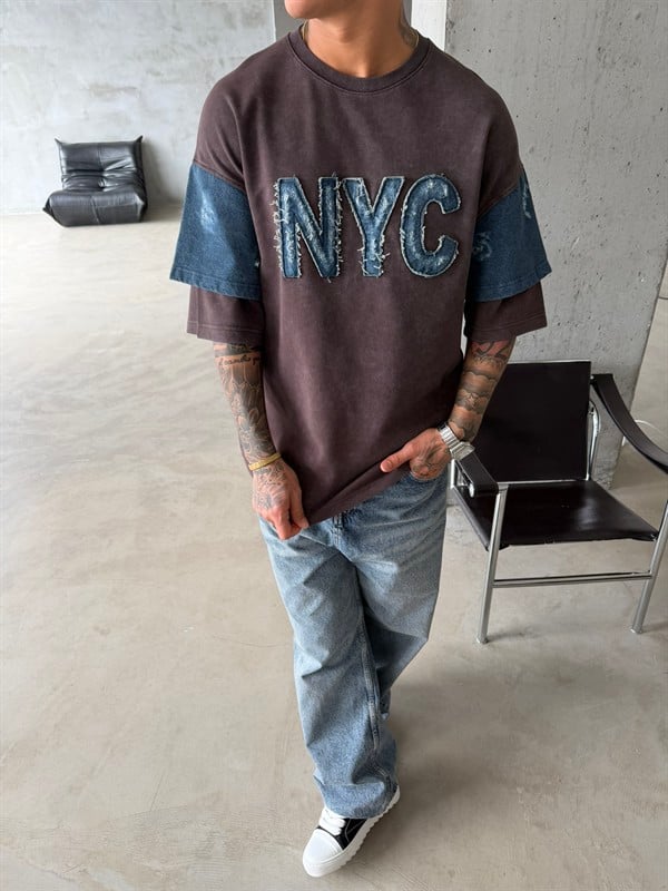 NYC Premium Acid Yıkama T-Shirt - Kahve