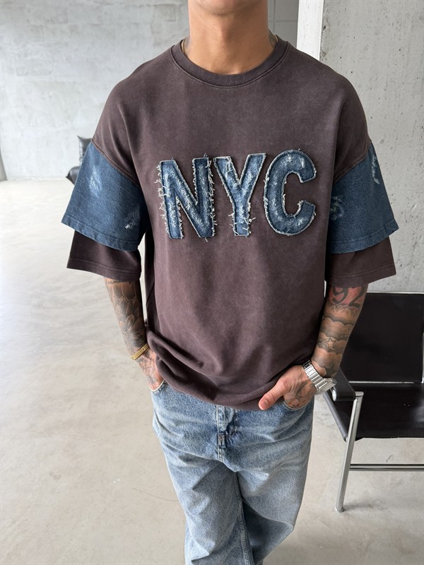NYC Premium Acid Yıkama T-Shirt - Kahve