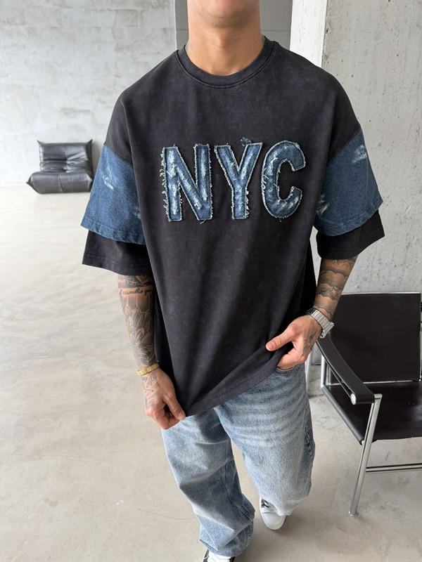 NYC Premium Acid Yıkama T-Shirt - Siyah