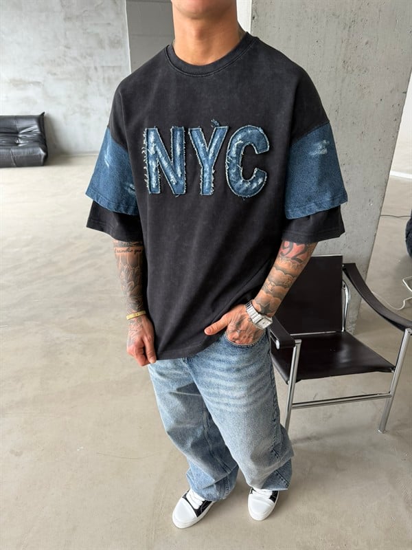 NYC Premium Acid Yıkama T-Shirt - Siyah