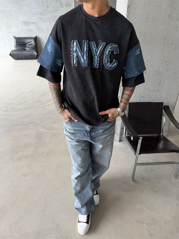 NYC Premium Acid Yıkama T-Shirt - Siyah