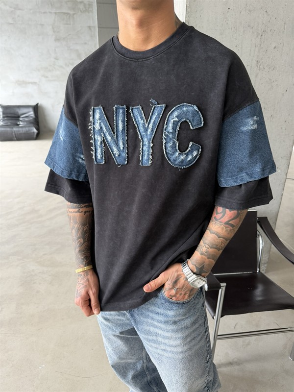 NYC Premium Acid Yıkama T-Shirt - Siyah