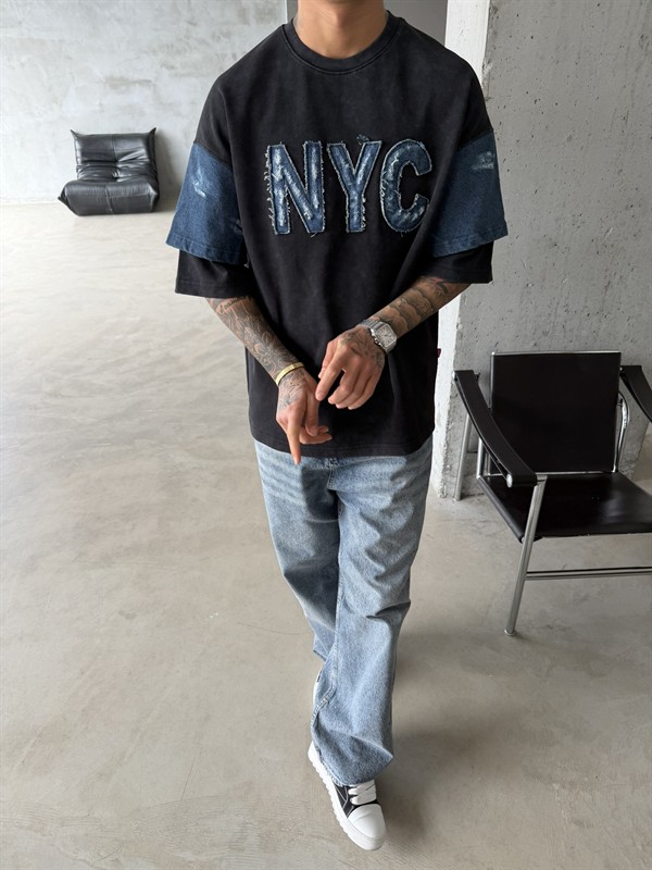 NYC Premium Acid Yıkama T-Shirt - Siyah