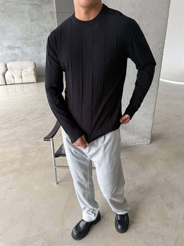 Old Money Basic Cizgili Bisiklet Yaka - Siyah