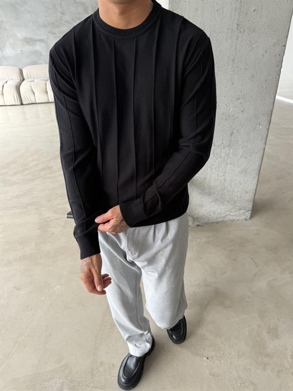 Old Money Basic Cizgili Bisiklet Yaka - Siyah