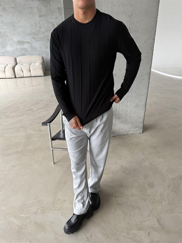 Old Money Basic Cizgili Bisiklet Yaka - Siyah