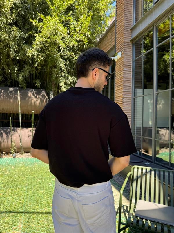 Old Money Düğmeli Bisiklet Yaka T-Shirt - Siyah