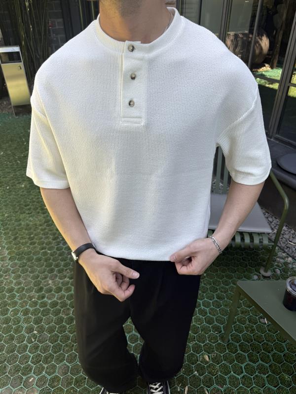 Old Money Düğmeli Bisiklet Yaka T-Shirt - Beyaz