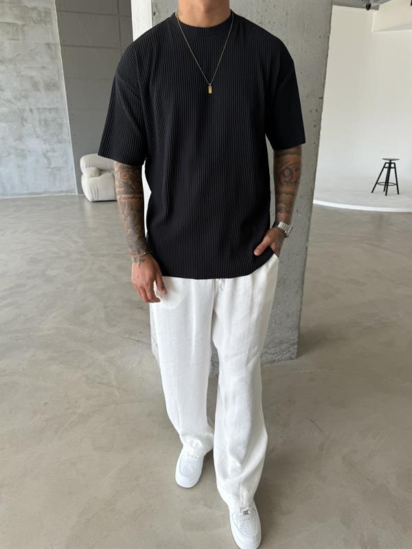 Old Money Fitilli Basic T-Shirt - Siyah