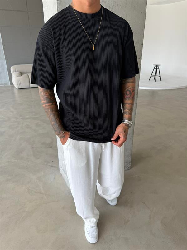 Old Money Fitilli Basic T-Shirt - Siyah