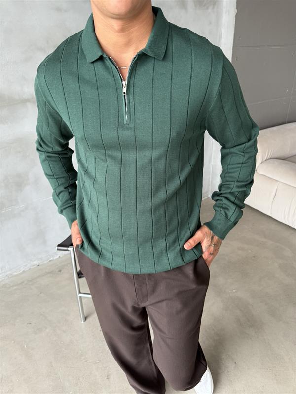 Old Money Fitilli Yarım Fermuar Polo Yaka - Yeşil