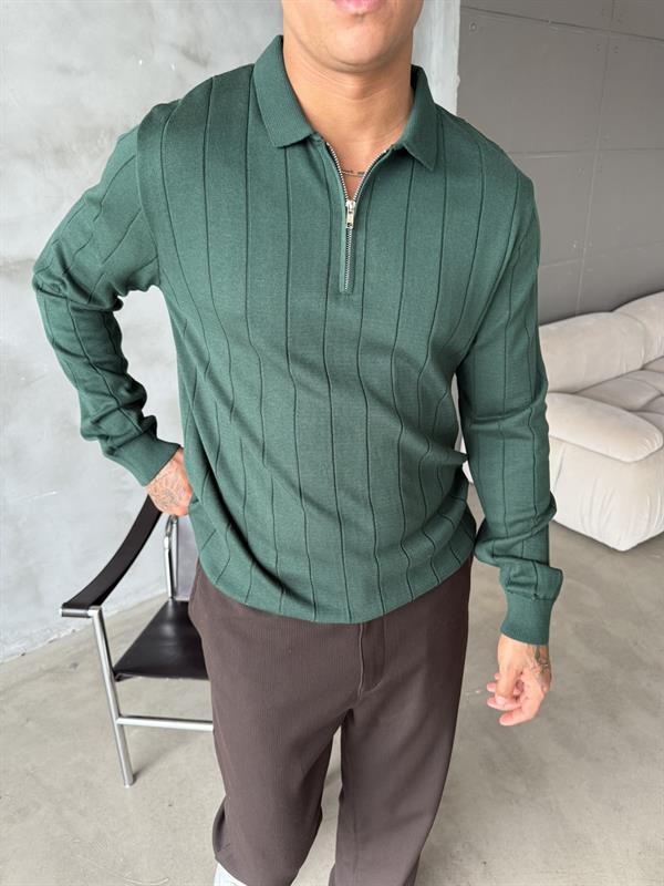 Old Money Fitilli Yarım Fermuar Polo Yaka - Yeşil