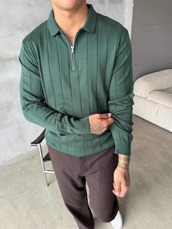 Old Money Fitilli Yarım Fermuar Polo Yaka - Yeşil