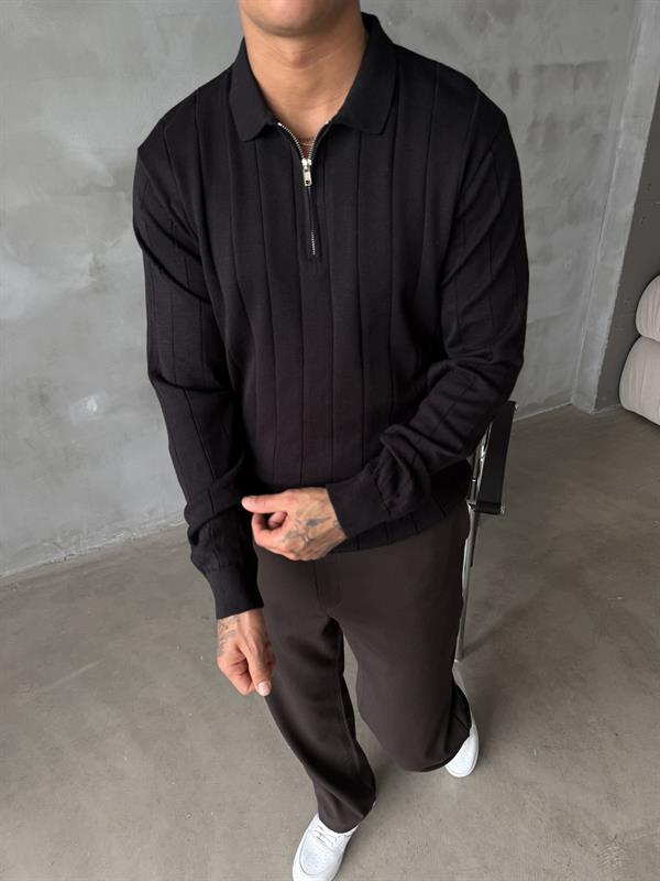 Old Money Fitilli Yarım Fermuar Polo Yaka - Siyah