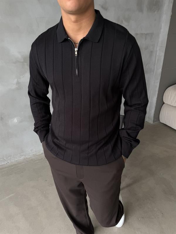 Old Money Fitilli Yarım Fermuar Polo Yaka - Siyah