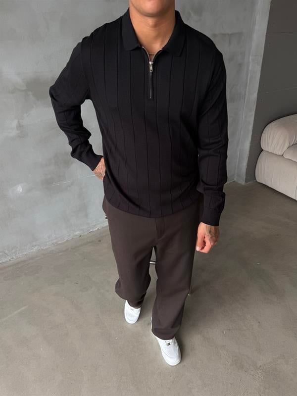 Old Money Fitilli Yarım Fermuar Polo Yaka - Siyah