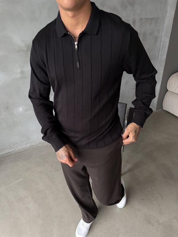 Old Money Fitilli Yarım Fermuar Polo Yaka - Siyah