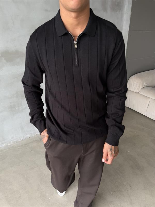 Old Money Fitilli Yarım Fermuar Polo Yaka - Siyah