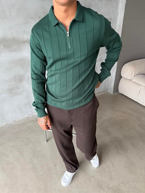 Old Money Fitilli Yarım Fermuar Polo Yaka - Yeşil