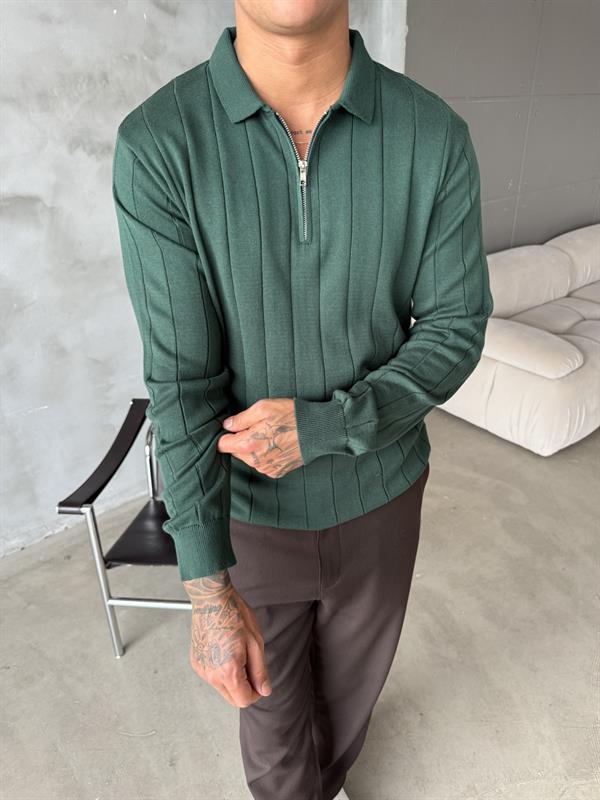 Old Money Fitilli Yarım Fermuar Polo Yaka - Yeşil