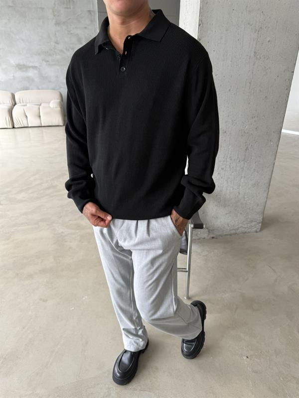 Old Money Polo Yaka Uzun Kol - Siyah