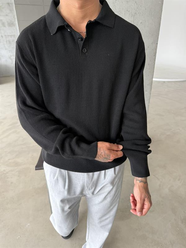 Old Money Polo Yaka Uzun Kol - Siyah