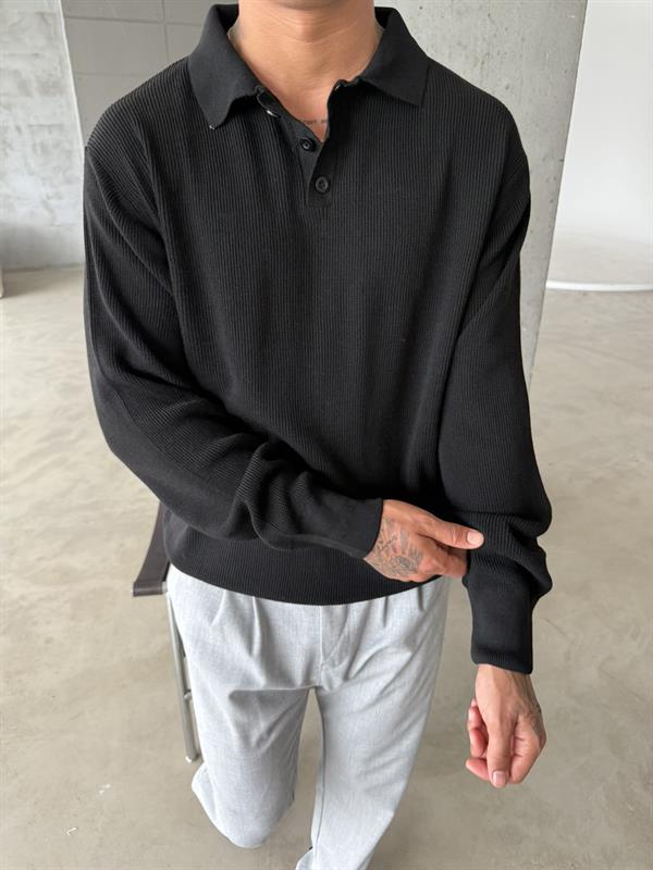 Old Money Polo Yaka Uzun Kol - Siyah