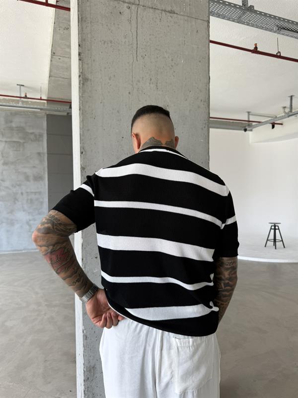 Old Money Regular Cizgili T-Shirt - Siyah