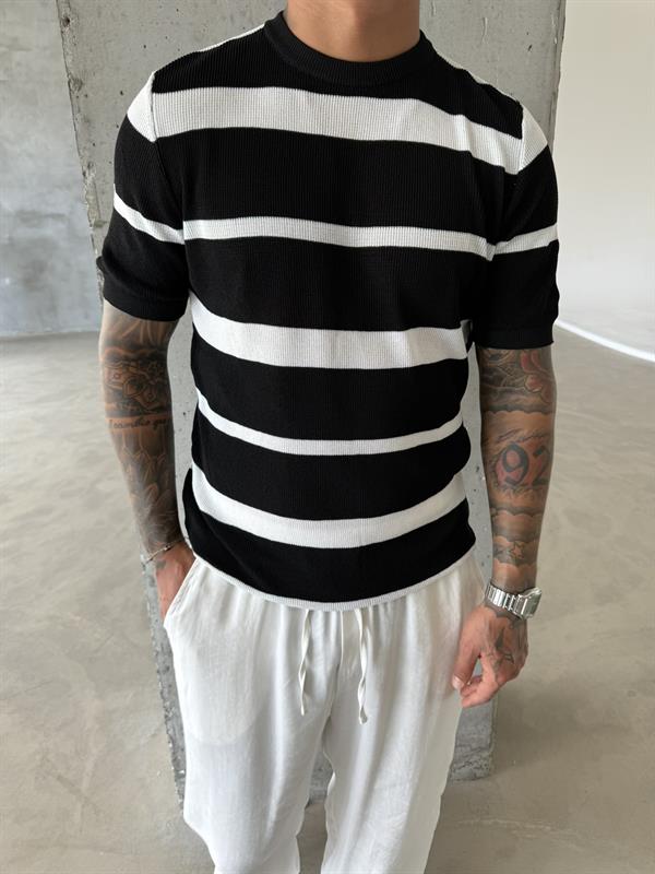 Old Money Regular Cizgili T-Shirt - Siyah